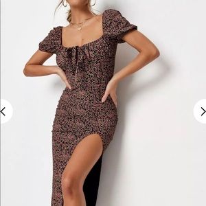 red floral puff sleeve milkmaid midi dress